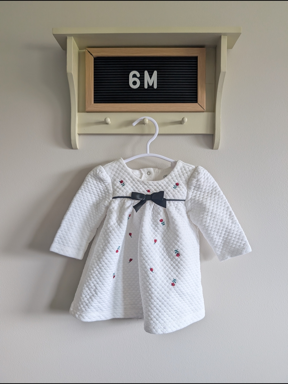 White Quilted Baby Dress with Navy Bow - 6M